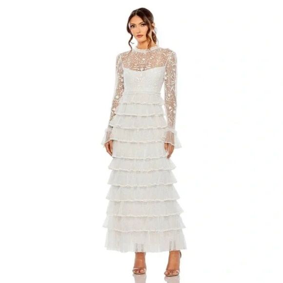 Mac Duggal 8003 Size 8 Embroidered Long Sleeve Ruffled Tiered Pearl White Dress - Picture 5 of 11